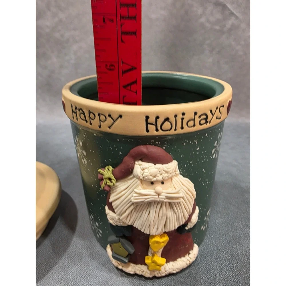 Vintage Ceramic Santa Claus Happy Holidays Cookie Jar Canister Green Snowflake